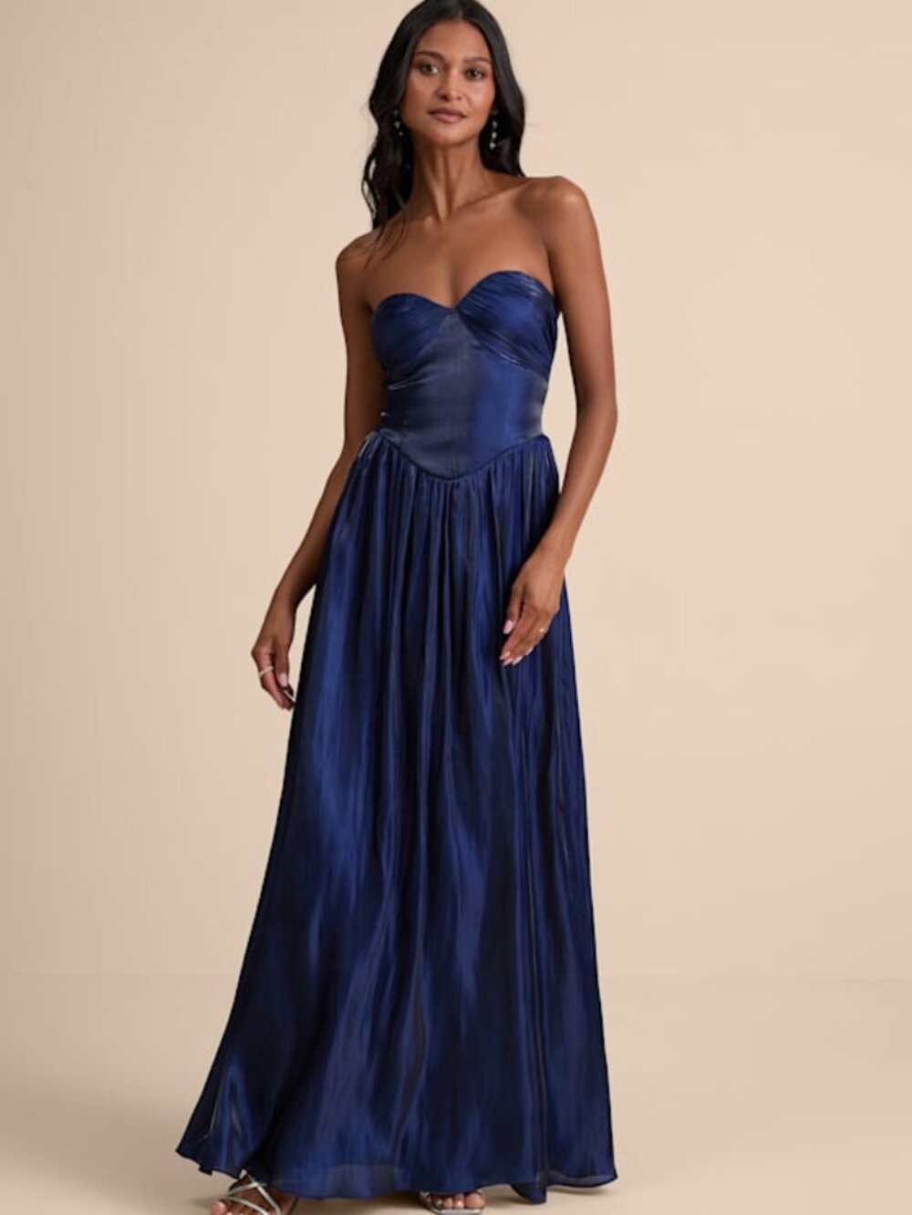 Lulus Kylin Navy Satin Basque Waist Maxi Dress Blue - Size S